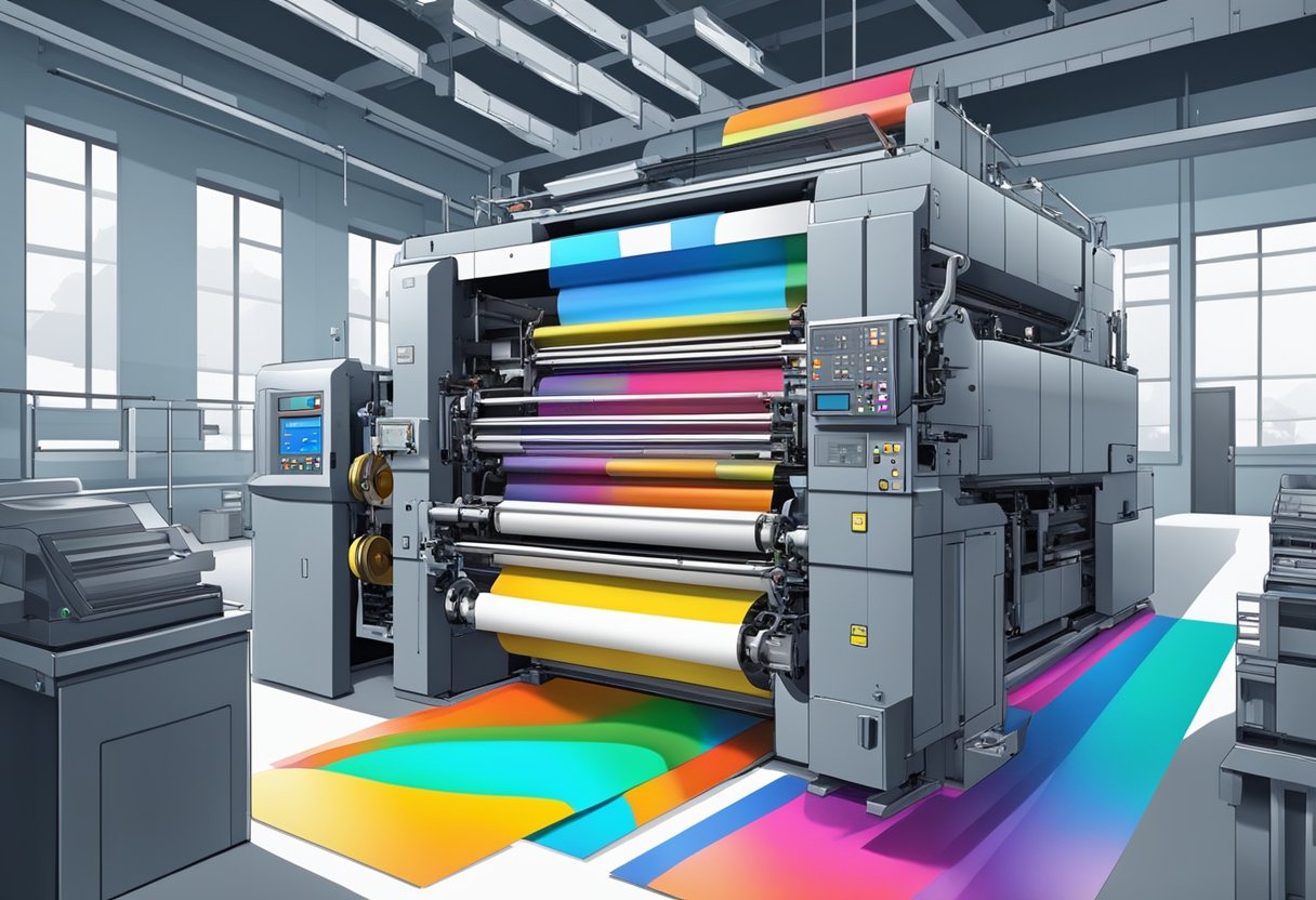 A large commercial offset printing press in operation, with paper feeding through the machine and vibrant, colorful ink being applied to the sheets